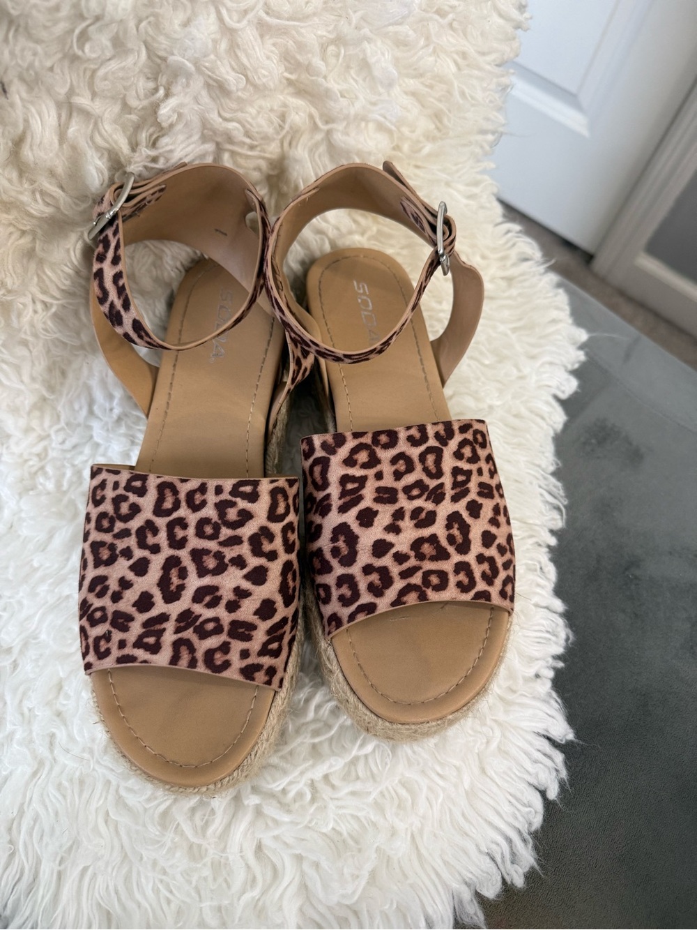 Soda Leopard-Print Ankle-Strap Sandals in Tan and Brown